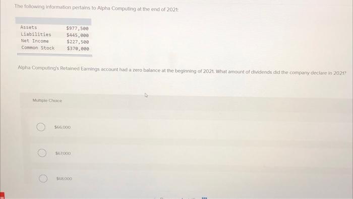 The following information pertains to Alpha Computing at the end of 2021