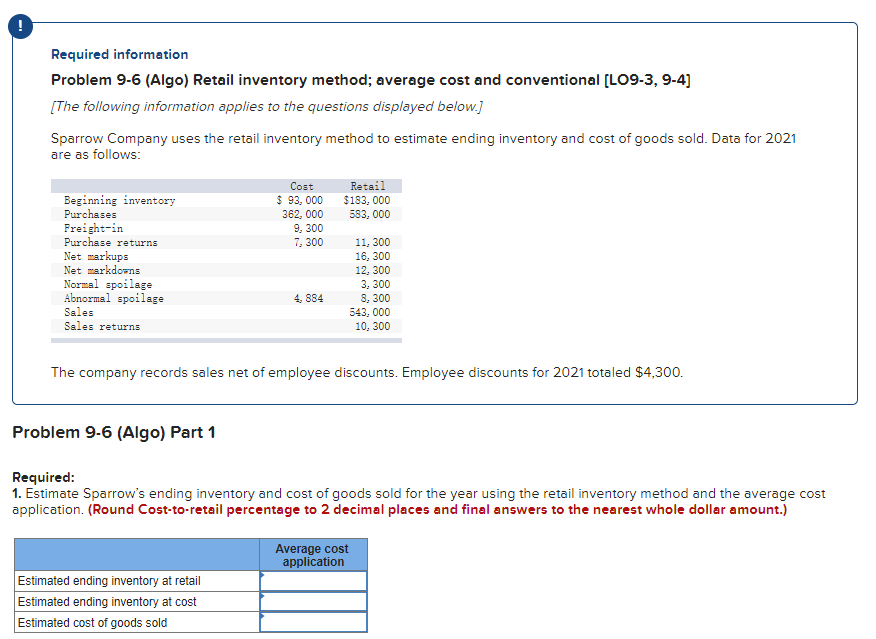 ! Required information Problem 9-6 (Algo) Retail inventory method; average cost and