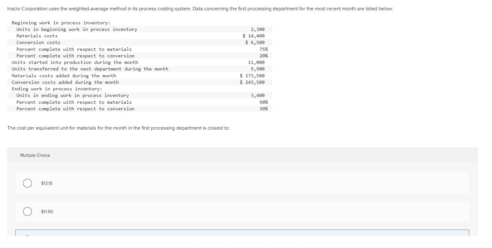 Inacio Corporation uses the weighted-average method in its process costing system. Data