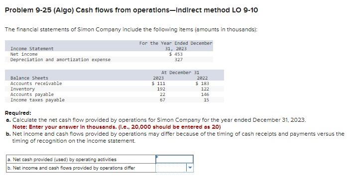 Problem 9-25 (Algo) Cash flows from operations-Indirect method LO 9-10 The financial