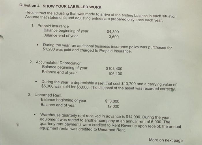 Question 4. SHOW YOUR LABELLED WORK Reconstruct the adjusting that was made