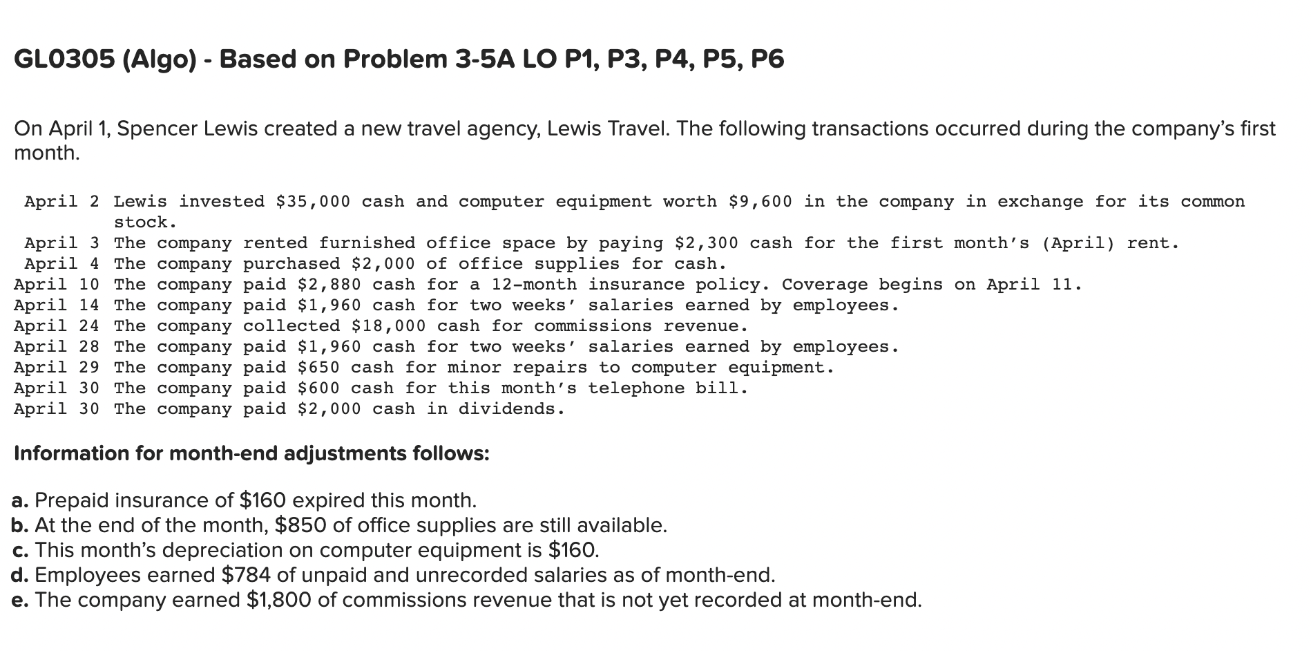 GL0305 (Algo) - Based on Problem 3-5A LO P1, P3, P4, P5,