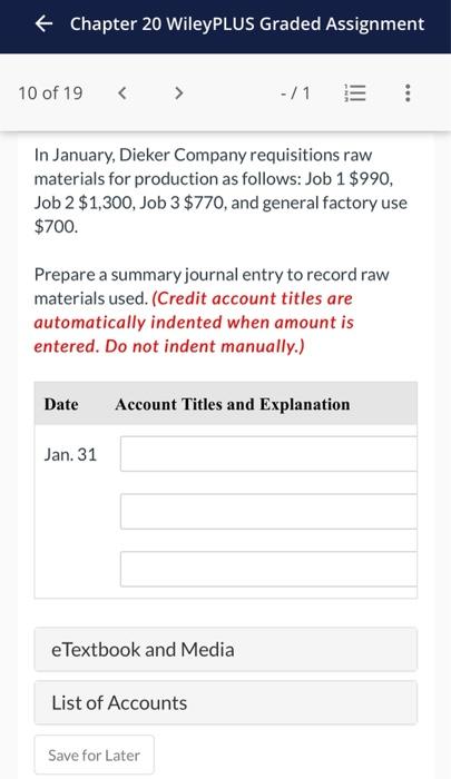 Chapter 20 WileyPLUS Graded Assignment 10 of 19 < > -/1 O