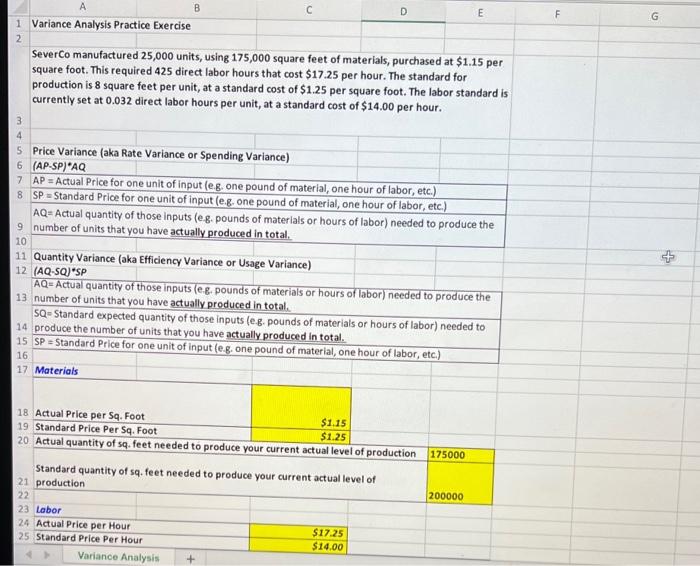 A B C D E F G 1 Variance Analysis Practice Exercise