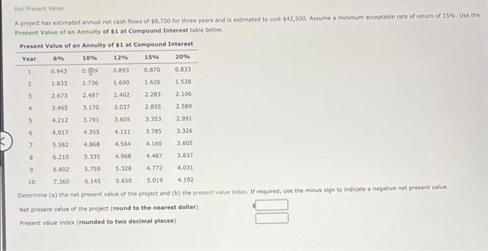 Net Present Value A project has estimated annual net cash flows of