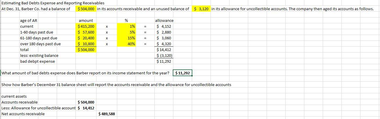 Estimating Bad Debts Expense and Reporting Receivables At Dec. 31, Barber Co.