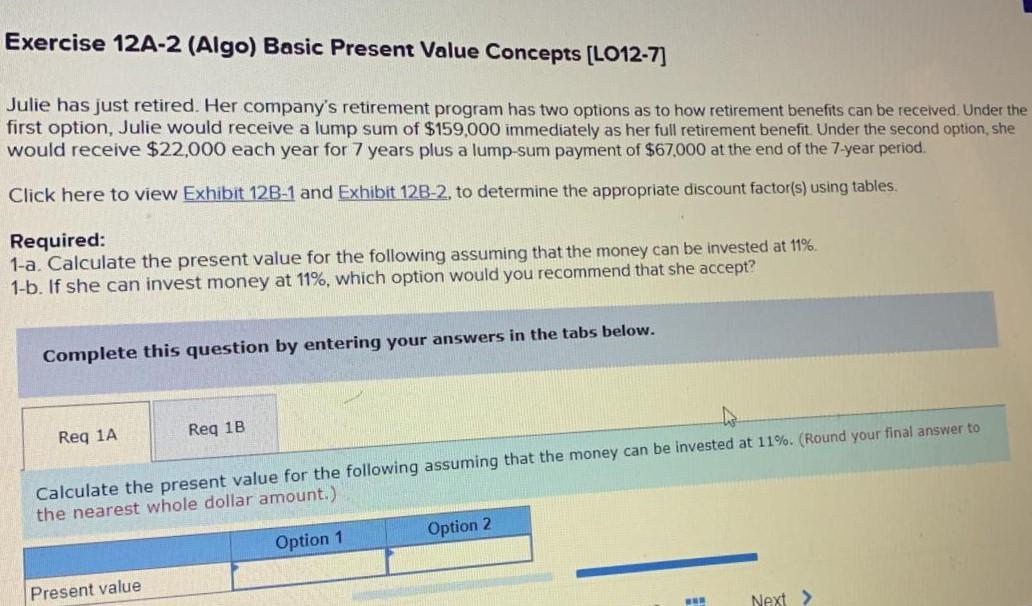 Exercise 12A-2 (Algo) Basic Present Value Concepts [LO12-7] Julie has just retired.