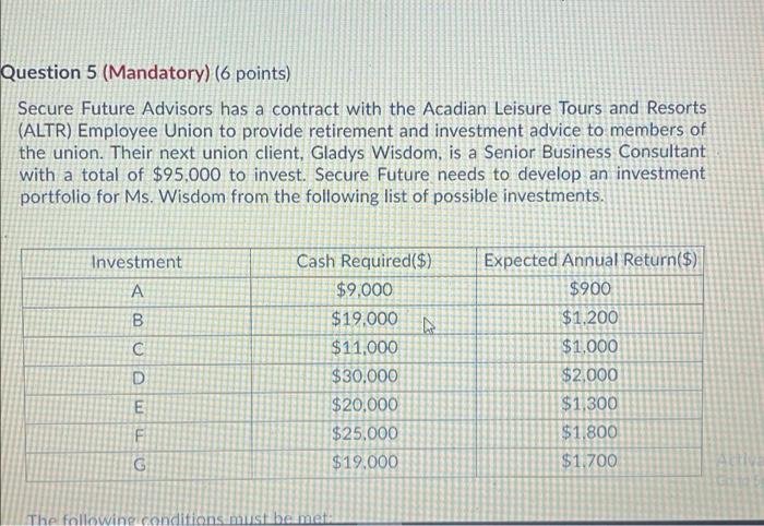 Question 5 (Mandatory) (6 points) Secure Future Advisors has a contract with