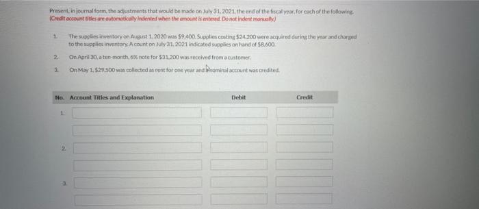 Present, in journal form, the adjustments that would be made on July