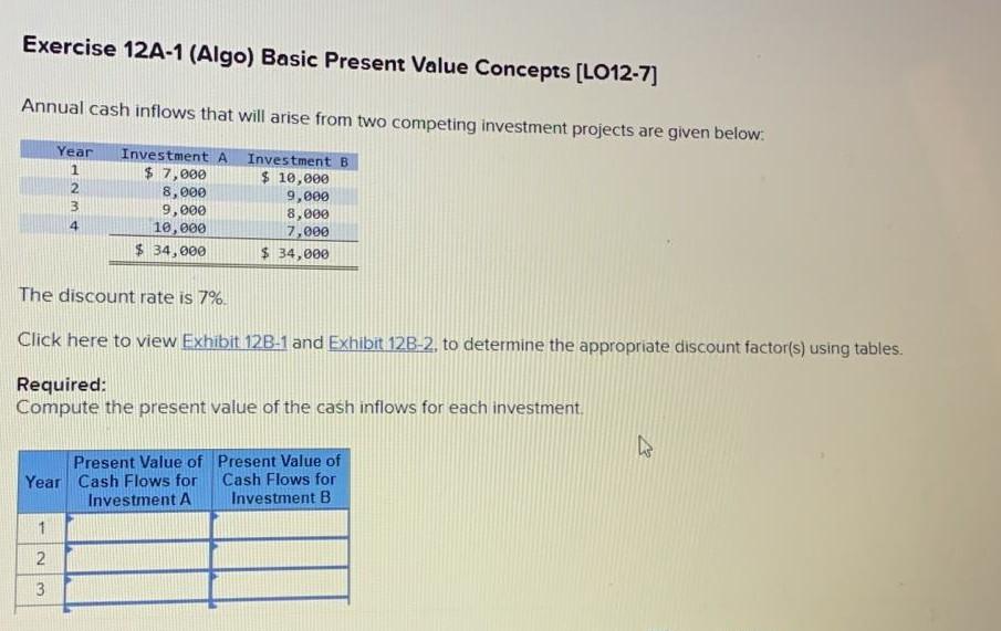 Exercise 12A-1 (Algo) Basic Present Value Concepts [LO12-7] Annual cash inflows that