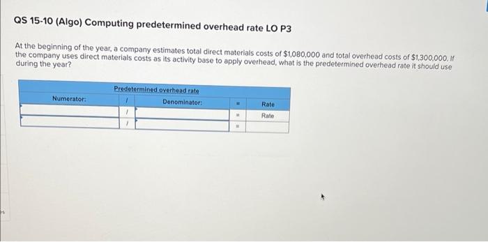 QS 15-10 (Algo) Computing predetermined overhead rate LO P3 At the beginning