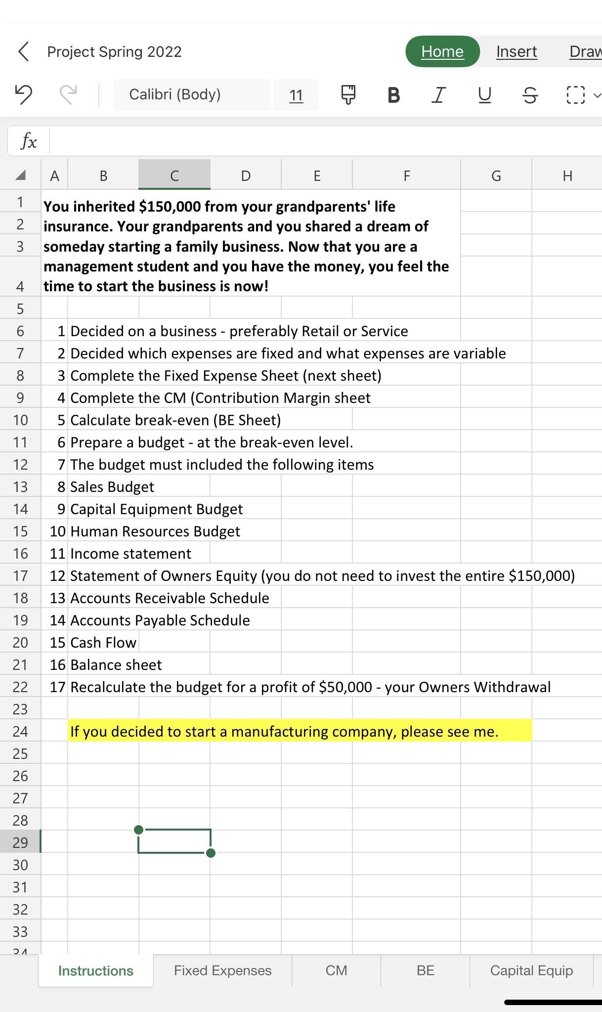 < Project Spring 2022 Calibri (Body) 11 Home Insert Draw BI U