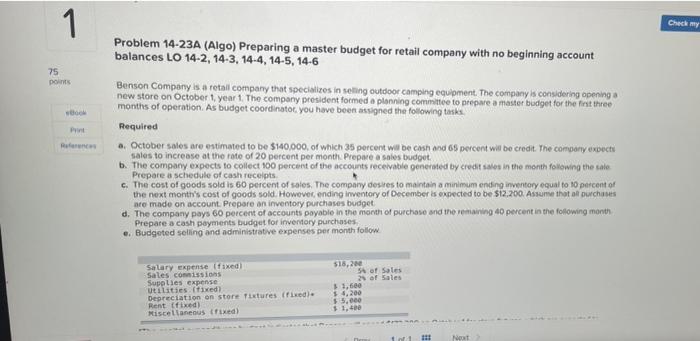 1 75 points Book Print References Problem 14-23A (Algo) Preparing a master