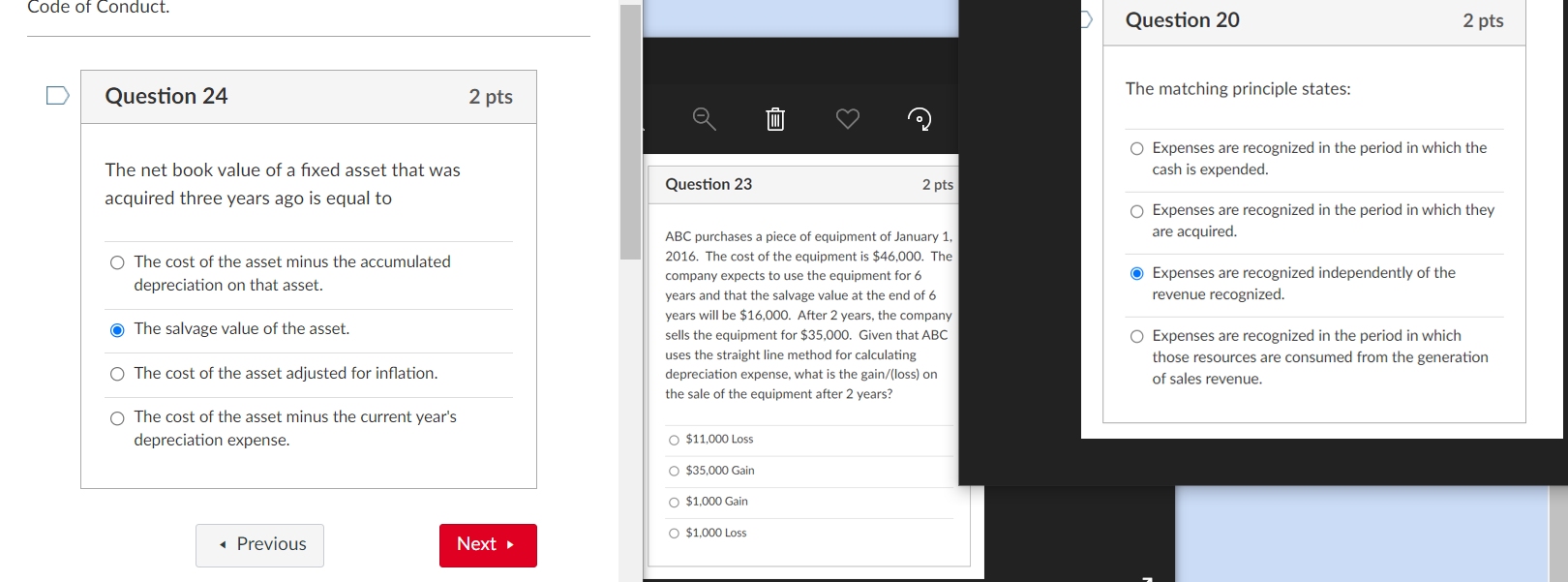 Code of Conduct. Question 24 2 pts 3 D Question 20 The