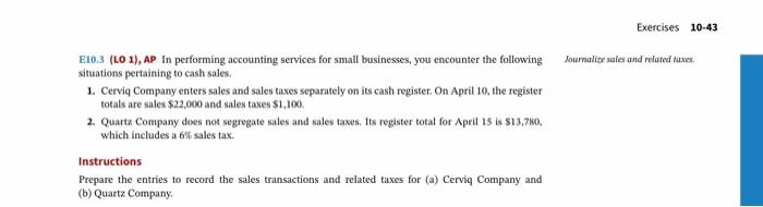11 BZ Sales A B E10-3 page 495 Prepare journals for each