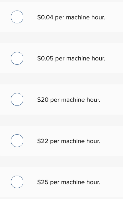 $0.04 per machine hour. $0.05 per machine hour. $20 per $20 per
