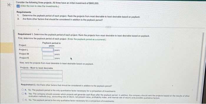 K Consider the following three projects. All three have an initial investment