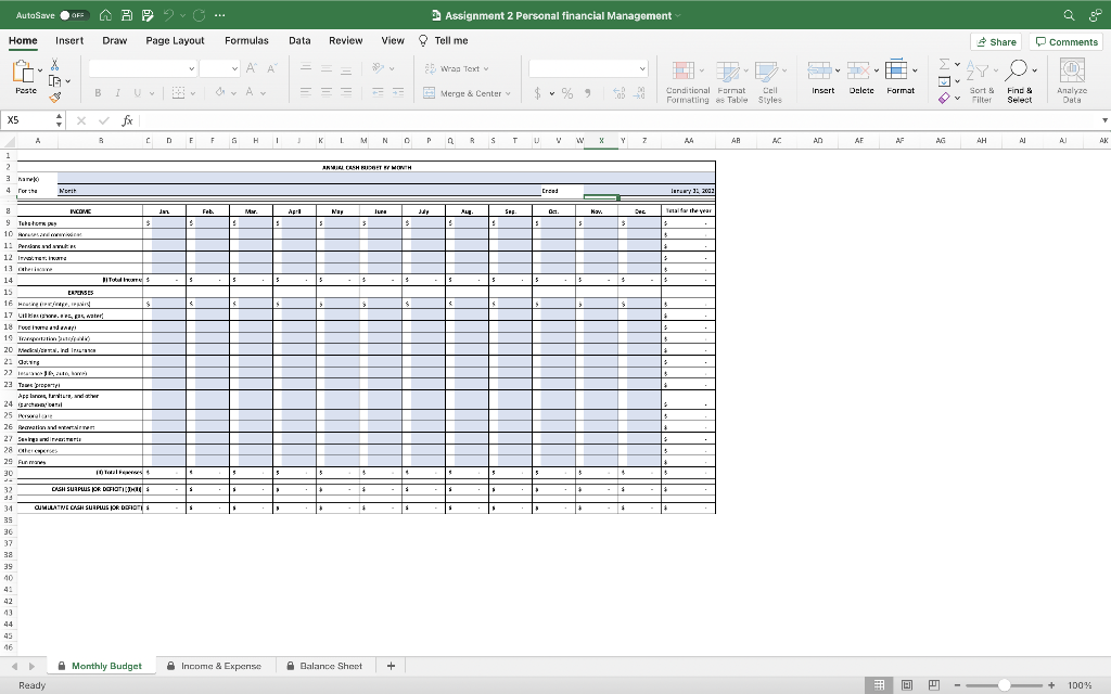 AutoSave OFF Assignment 2 Personal financial Management Home Insert Draw Page Layout