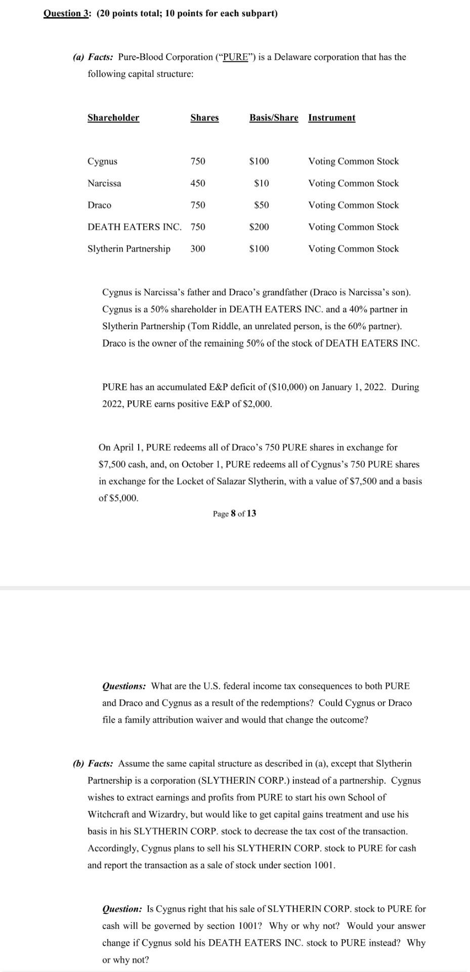 Question 3: (20 points total; 10 points for each subpart) (a) Facts:
