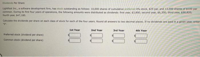 Dividends Per Share Lightfoot Inc., a software development firm, has stock outstanding