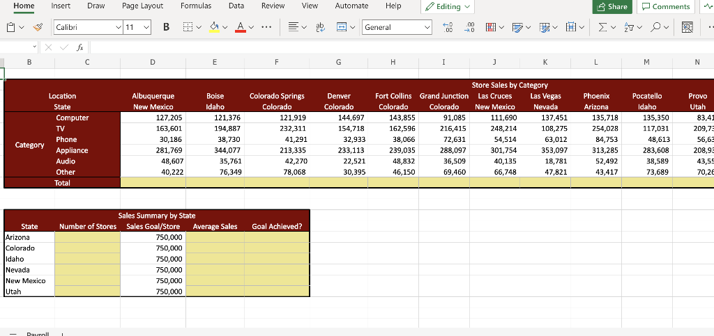 Home Insert Draw Page Layout Formulas Data Review View Automate Help Editing