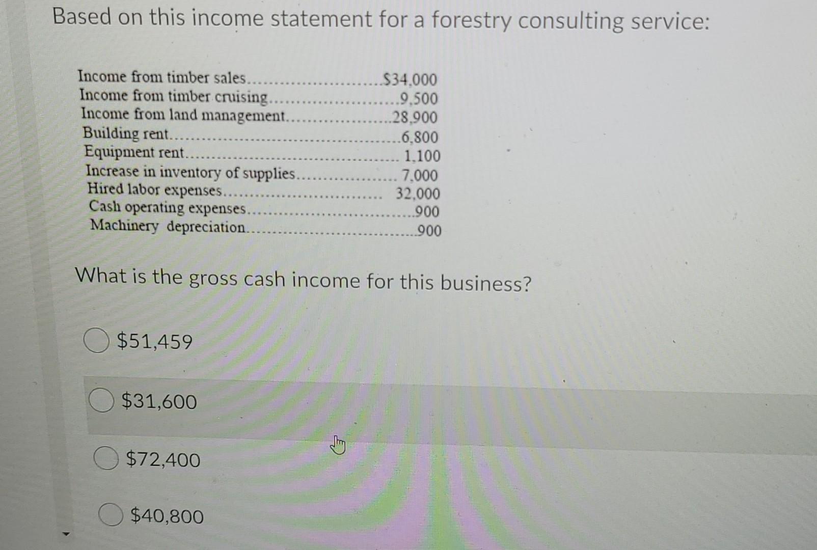 Based on this income statement for a forestry consulting service: Income from
