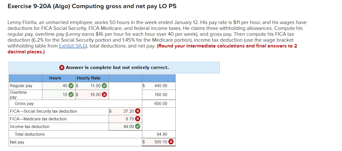 Exercise 9-20A (Algo) Computing gross and net pay LO P5 Lenny Florita,