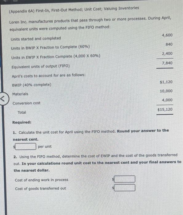 (Appendix 6A) First-In, First-Out Method; Unit Cost; Valuing Inventories Loren Inc. manufactures