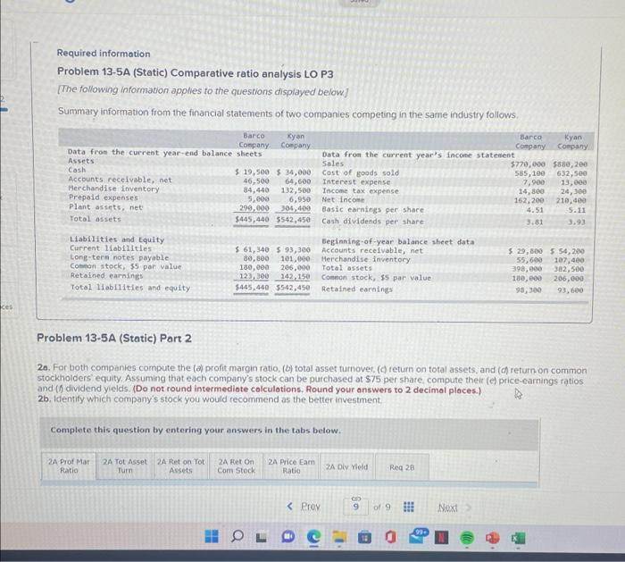 ces Required information Problem 13-5A (Static) Comparative ratio analysis LO P3 [The