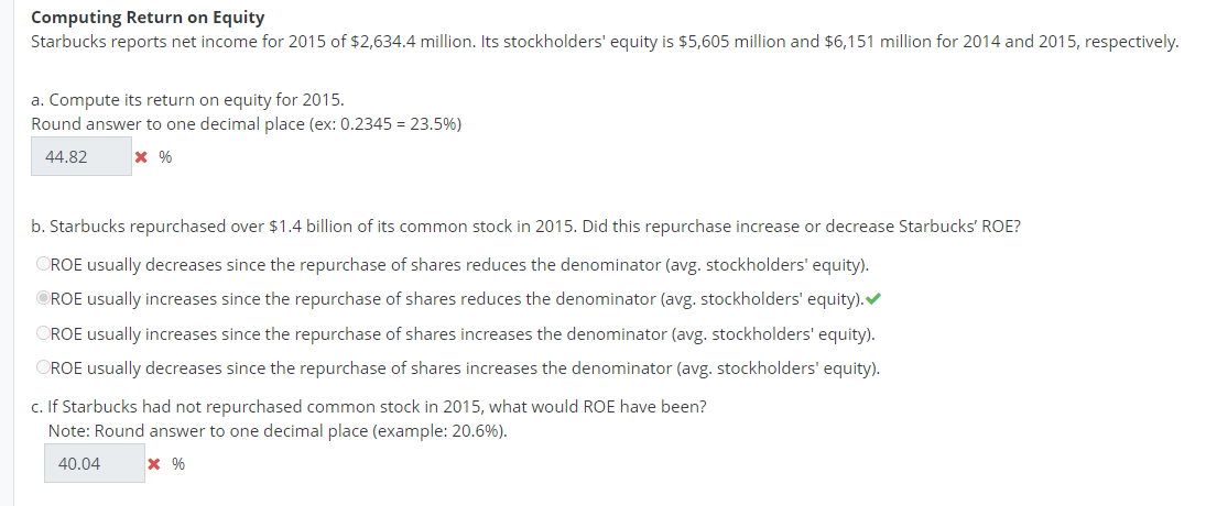 Computing Return on Equity Starbucks reports net income for 2015 of $2,634.4
