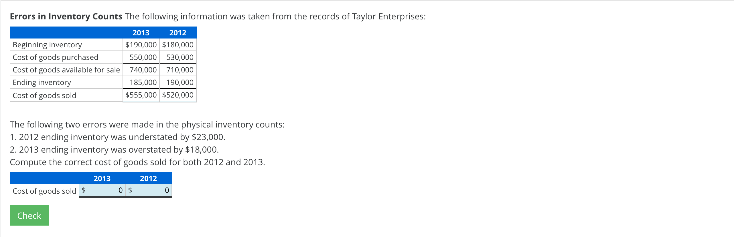 Errors in Inventory Counts The following information was taken from the records