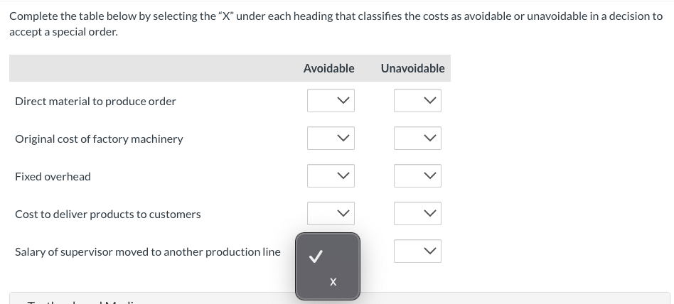 Complete the table below by selecting the "X" under each heading that