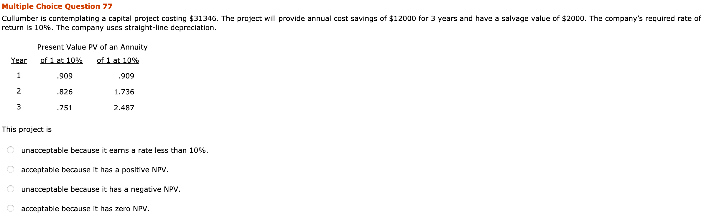 Multiple Choice Question 77 Cullumber is contemplating a capital project costing $31346.