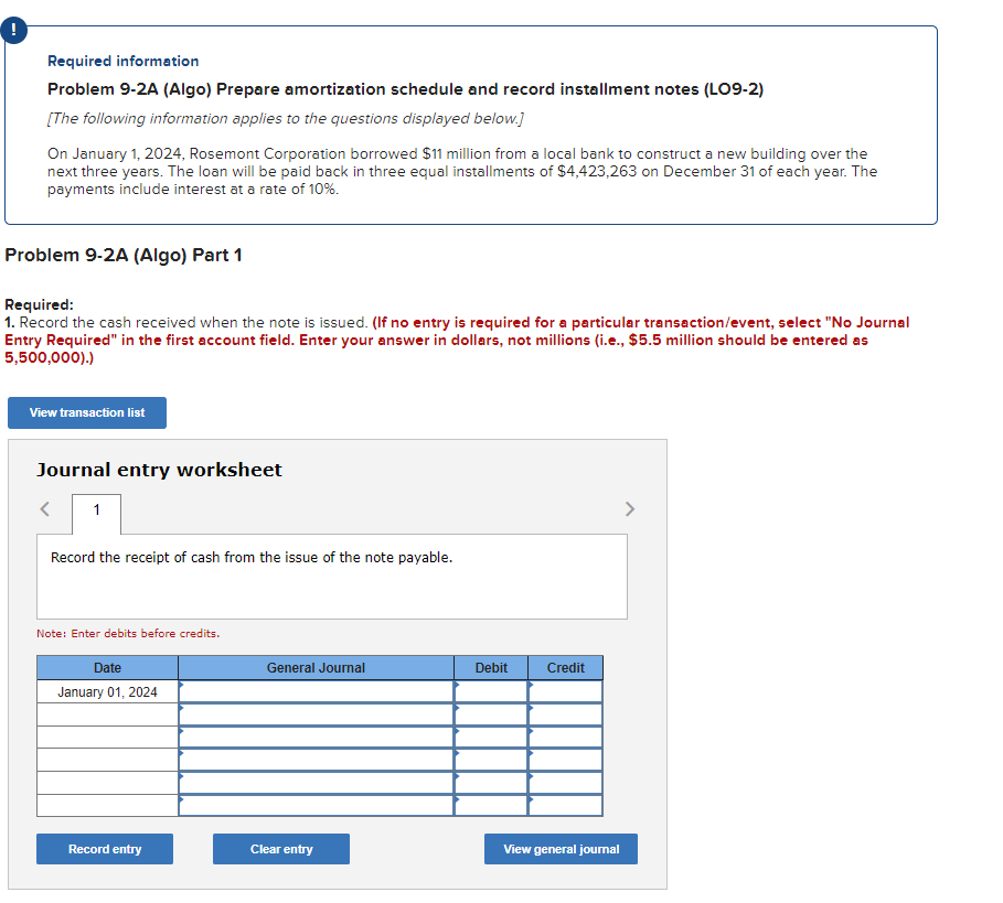 ! Required information Problem 9-2A (Algo) Prepare amortization schedule and record installment