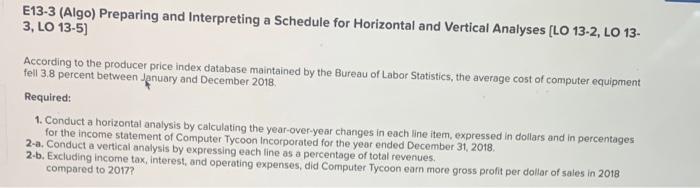 E13-3 (Algo) Preparing and Interpreting a Schedule for Horizontal and Vertical Analyses