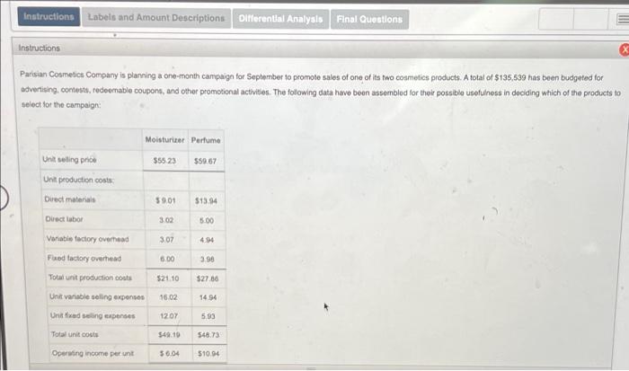 Instructions Labels and Amount Descriptions Differential Analysis Final Questions Instructions Parisian Cosmetics