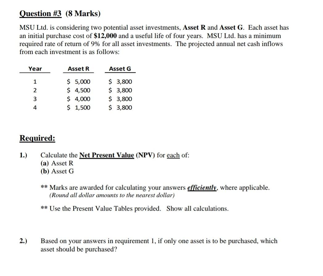 Question #3 (8 Marks) MSU Ltd. is considering two potential asset investments,