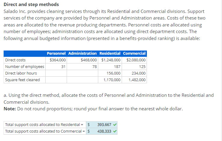 Direct and step methods Salado Inc. provides cleaning services through its Residential