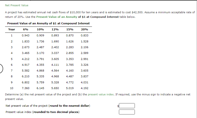 Net Present Value A project has estimated annual net cash flows of