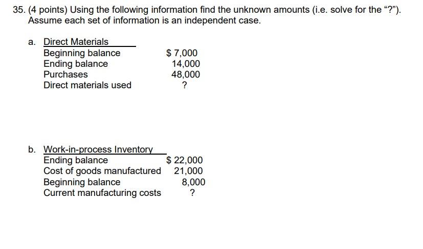 35. (4 points) Using the following information find the unknown amounts (i.e.