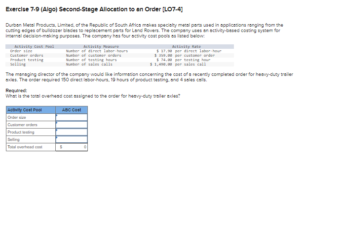 Exercise 7-9 (Algo) Second-Stage Allocation to an Order [LO7-4] Durban Metal Products,