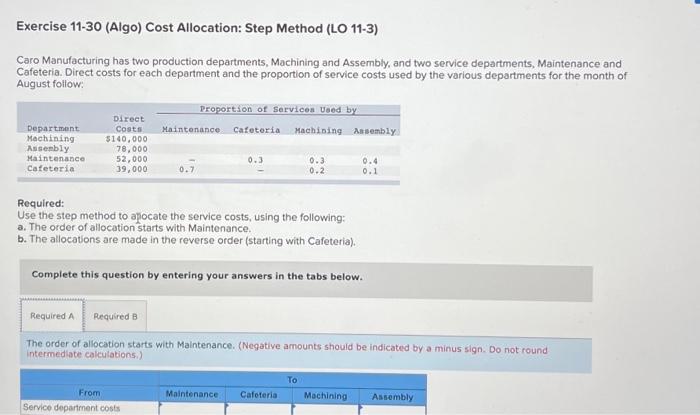 Exercise 11-30 (Algo) Cost Allocation: Step Method (LO 11-3) Caro Manufacturing has