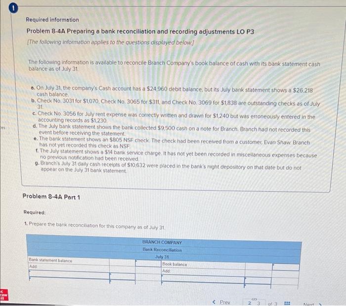 tes Required information Problem 8-4A Preparing a bank reconciliation and recording adjustments
