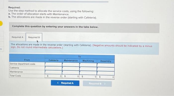 Cafeteria. Direct costs for each department and the proportion of service costs
