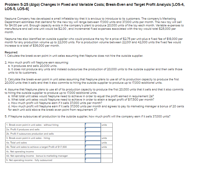 Problem 5-25 (Algo) Changes In Fixed and Variable Costs; Break-Even and Target