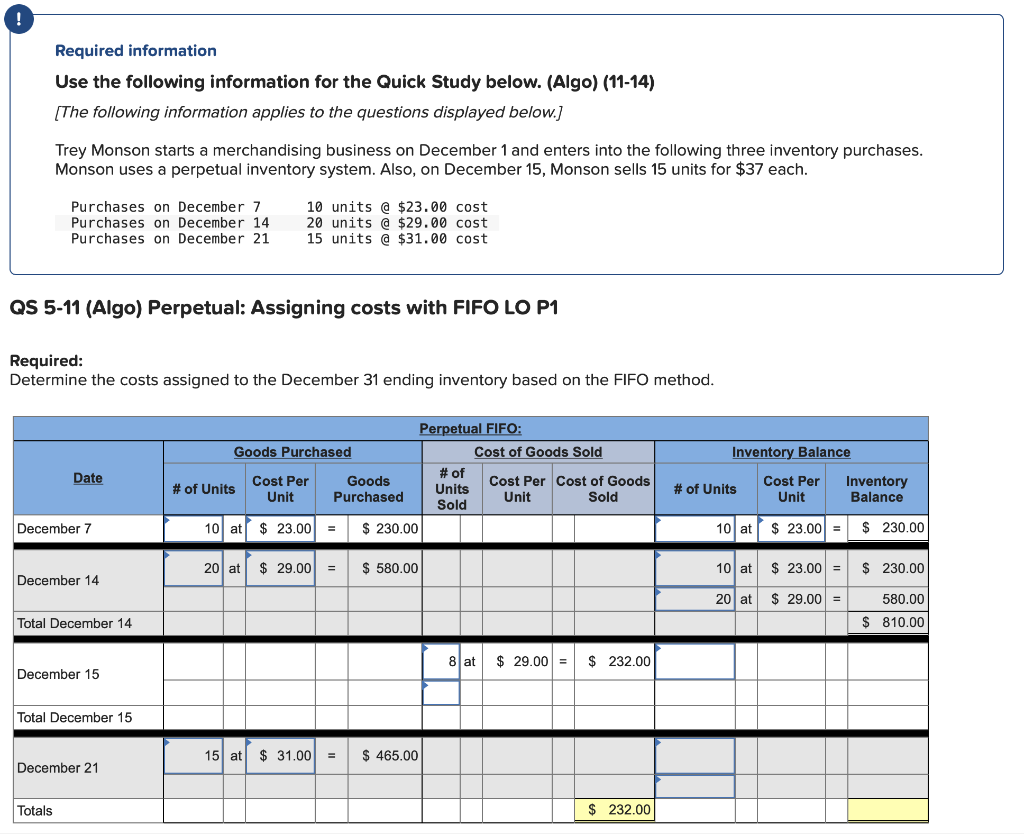 ! Required information Use the following information for the Quick Study below.