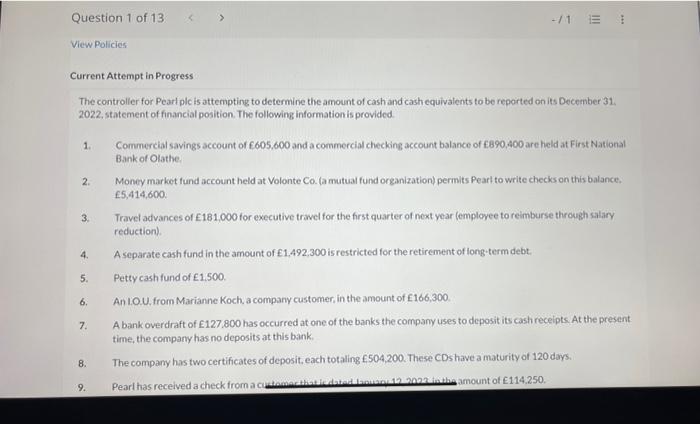 Question 1 of 13 View Policies Current Attempt in Progress The controller