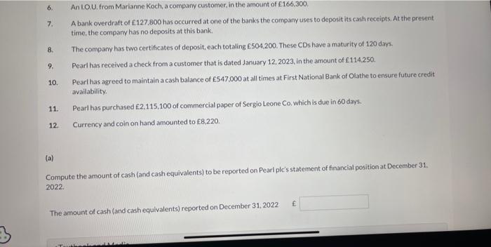 for Pearl plc is attempting to determine the amount of cash and