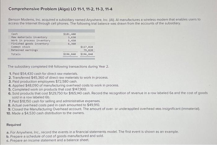 Comprehensive Problem (Algo) LO 11-1, 11-2, 11-3, 11-4 Benson Modems, Inc. acquired
