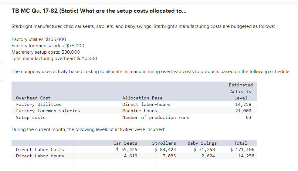 TB MC Qu. 17-82 (Static) What are the setup costs allocated to...